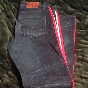 Tommy Hilfiger Men's Dark Blue Jeans with Red and White Stripes